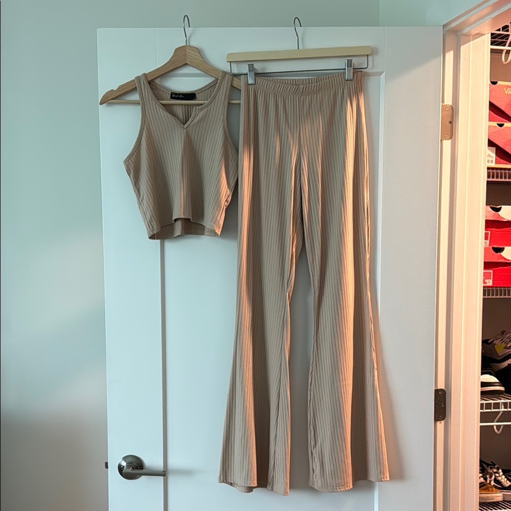 Women's Tan Ribbed Pants & Crop Top Set